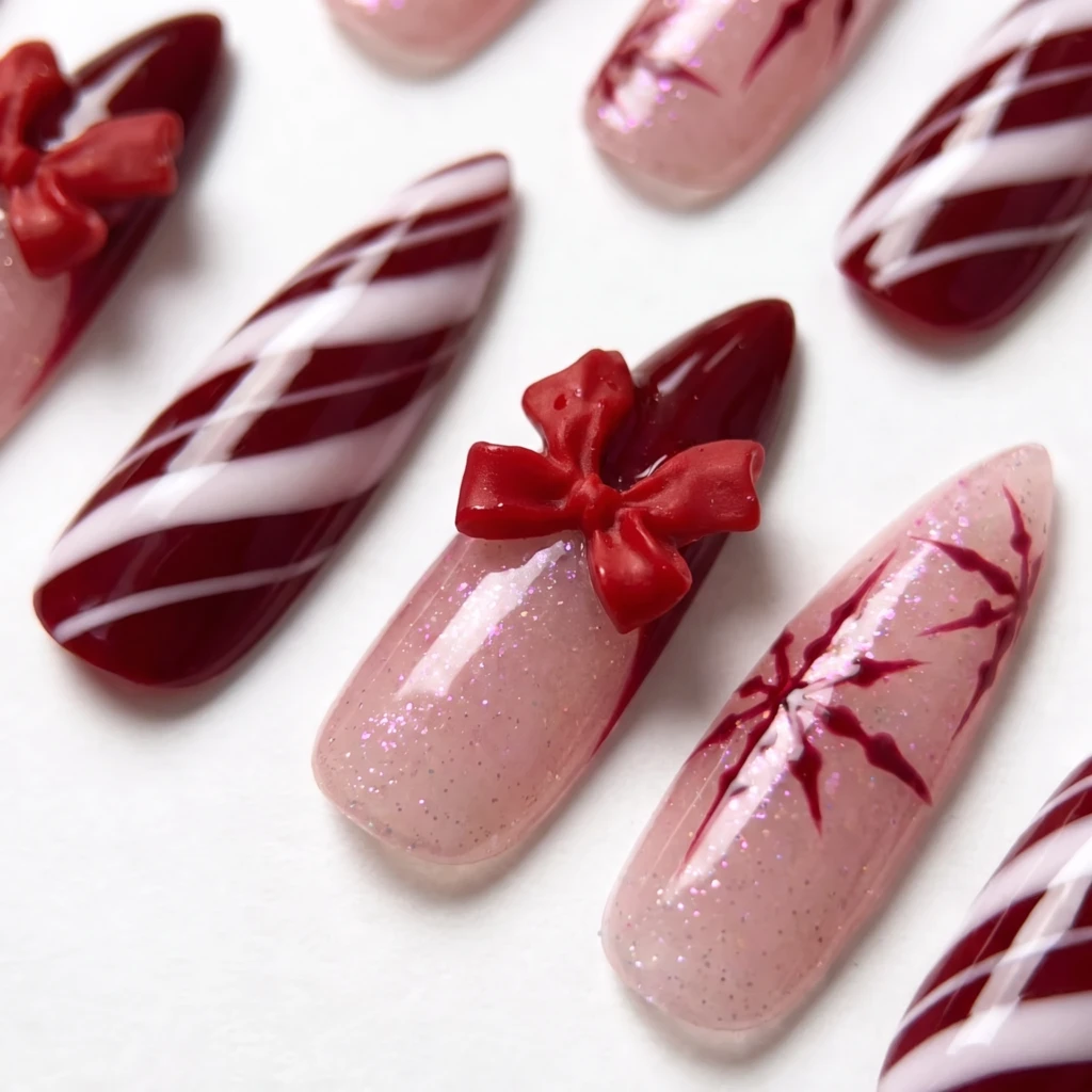 Pink And Red 3D Bow Candy Cane, Almond Press On Nails, Christmas Holiday Gift