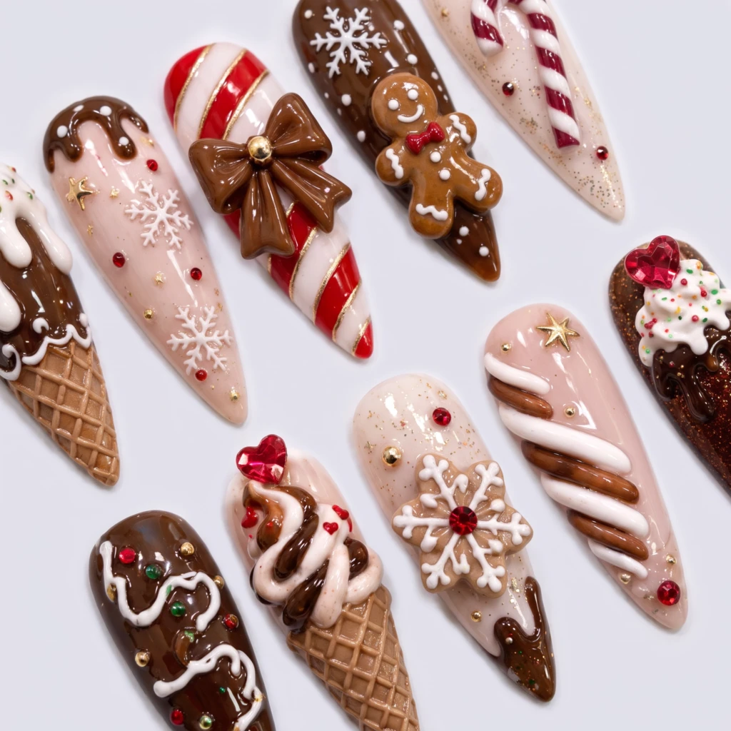 Brown 3D Gingerbread And Candy Cane Desserts, Stiletto Nails, Christmas Gift