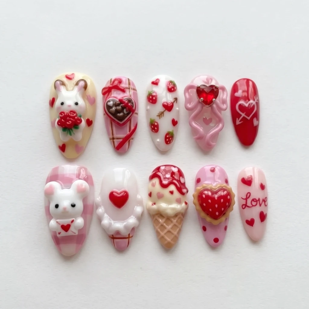 Pink 3D Bunny Chocolate Strawberry, Medium Almond Nails, Valentine Date Night