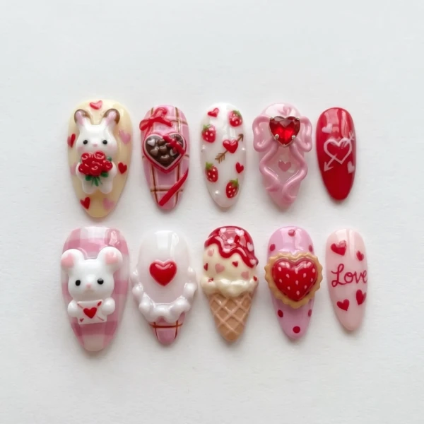Pink 3D Bunny Chocolate Strawberry, Medium Almond Nails, Valentine Date Night