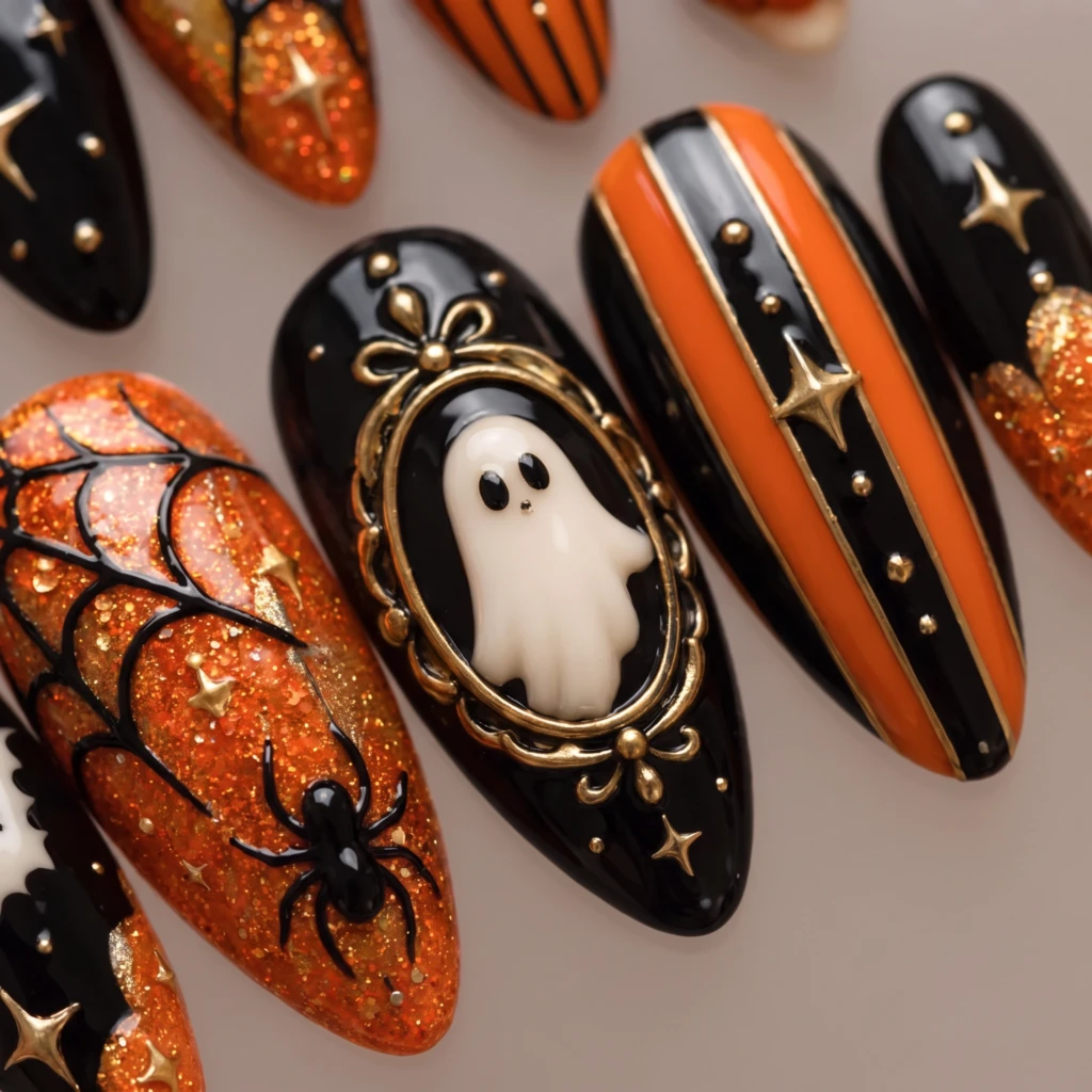 Orange And Black Ghost Pumpkin Art, Press On Nails, Spooky Halloween Party