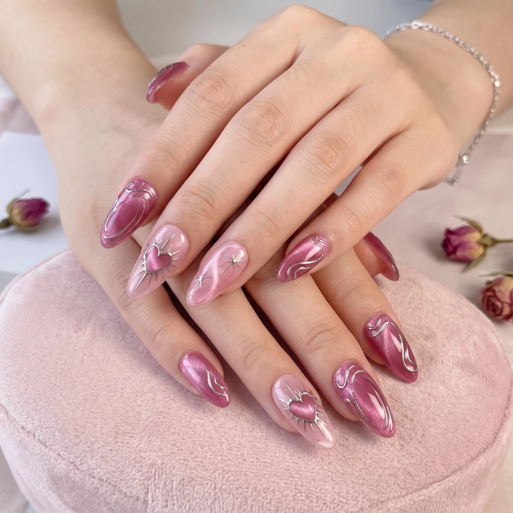 Pink Heart Cat Eye Nails, Coquette Press On Nails, Romantic Glam Manicure