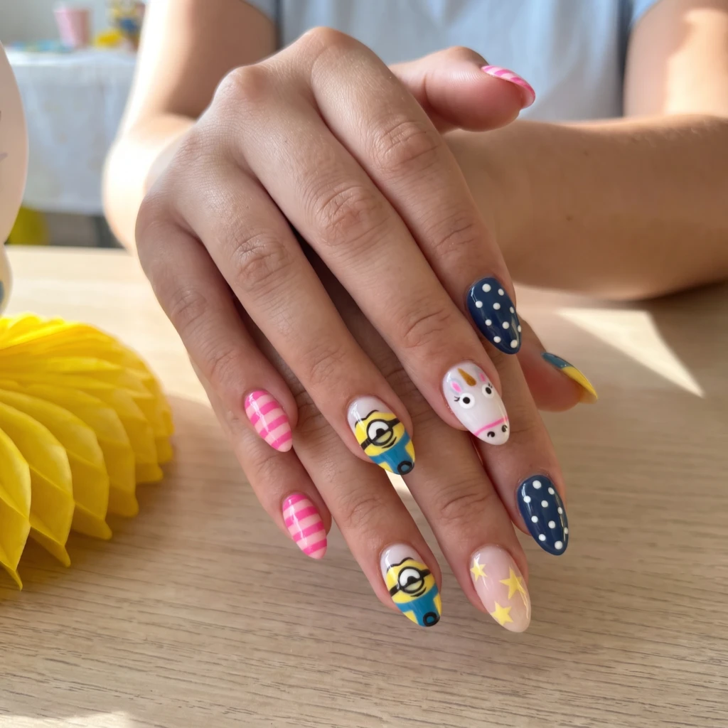 Yellow Minion Cartoon Character Art, Press On Nails, Cute Party Manicure Gift