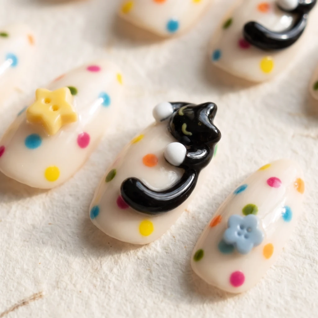 Black Cat Polka Dot Button Design, Y2K Press-On Nails, For Everyday Styling