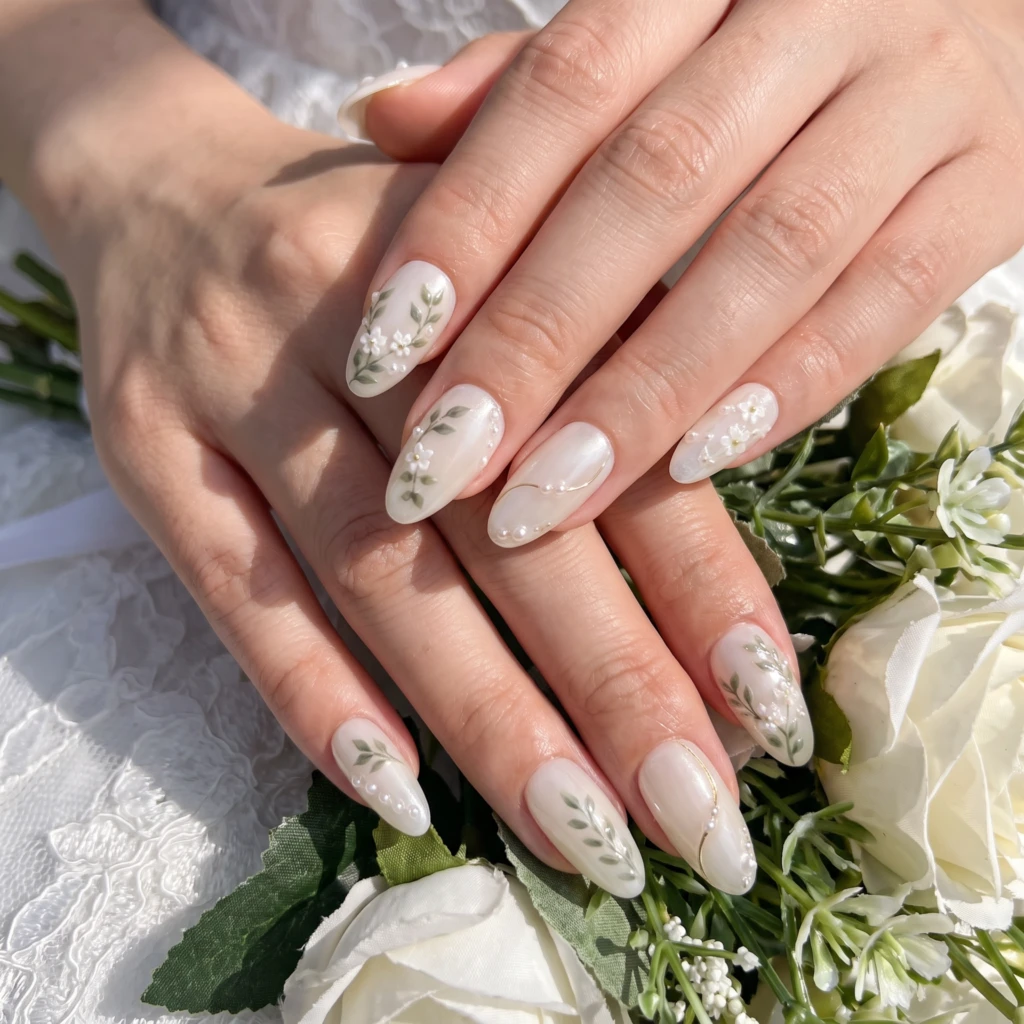 Pearl White Botanical Leaf Floral Art, Press On Nails, Bridal Wedding Look