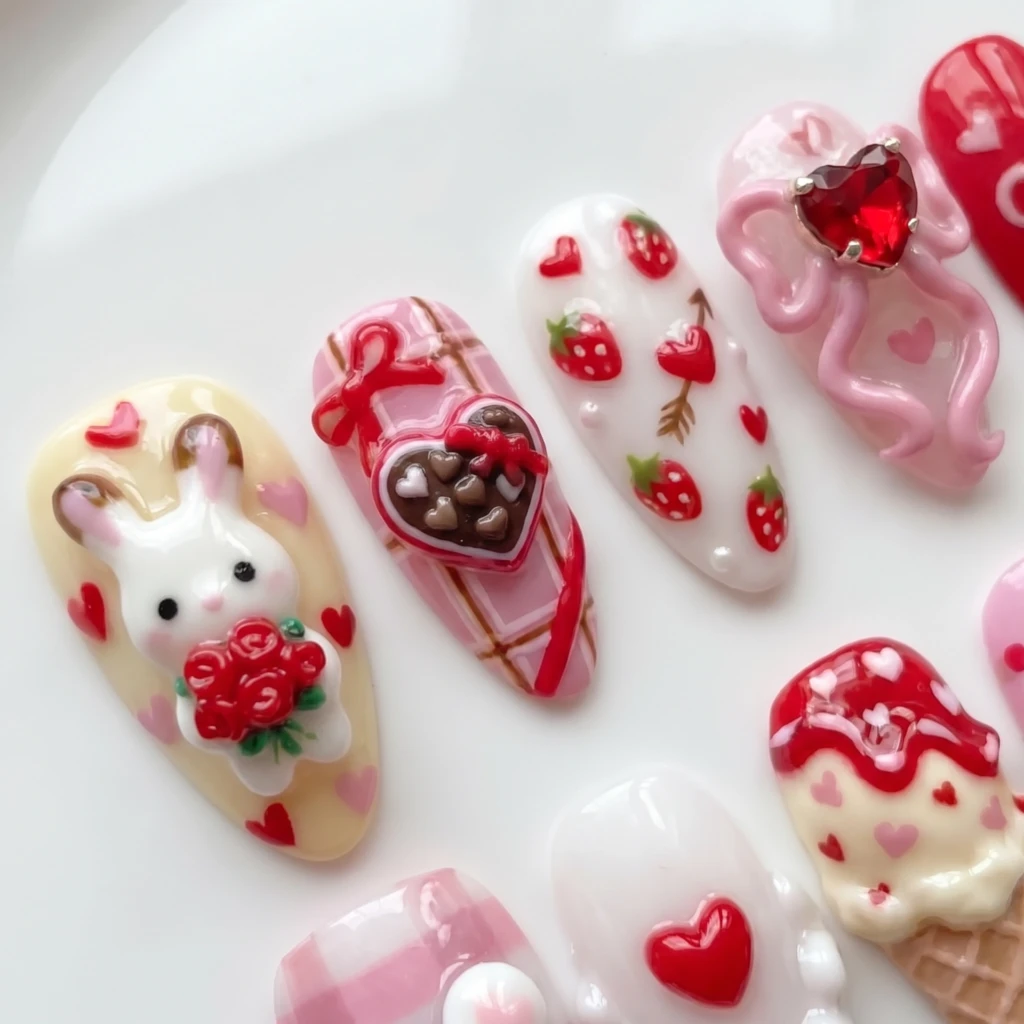 Pink 3D Bunny Chocolate Strawberry, Medium Almond Nails, Valentine Date Night