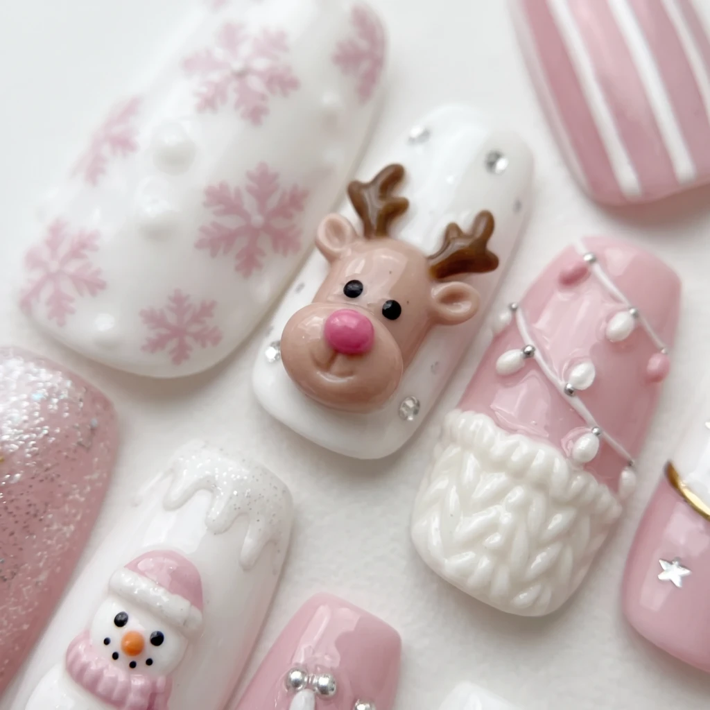 Pastel Pink Reindeer Snowman Nail Art, Press On Nails, Christmas Holiday Set
