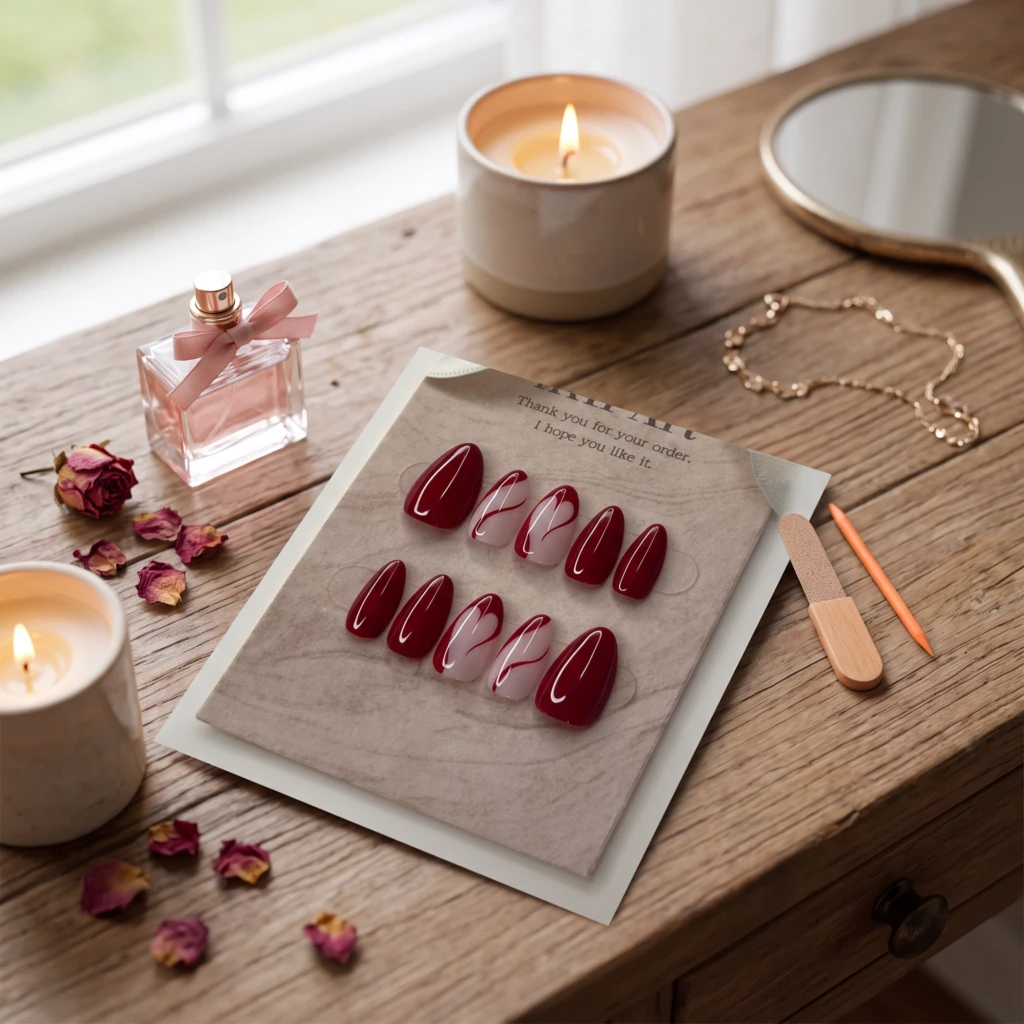 Red Outline Heart Art, Handmade Press On Nails, Romantic Valentine Gift