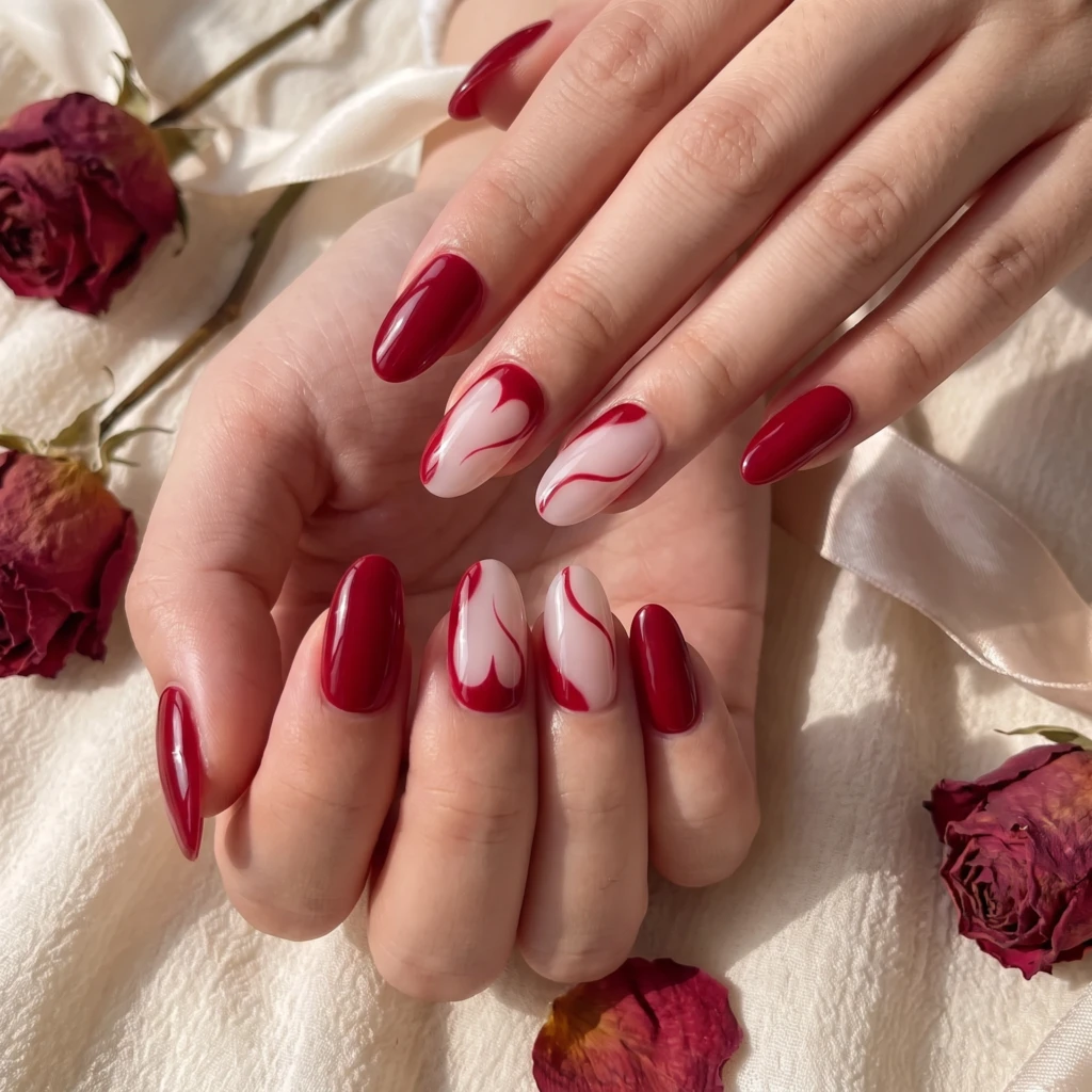 Red Outline Heart Art, Handmade Press On Nails, Romantic Valentine Gift