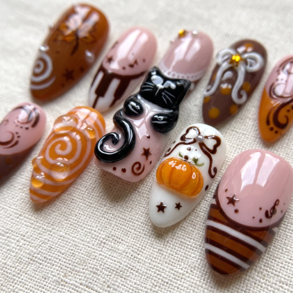 Brown Pink Cute Cat And Pumpkin, Coquette Press On Nails, Fall Halloween Gift