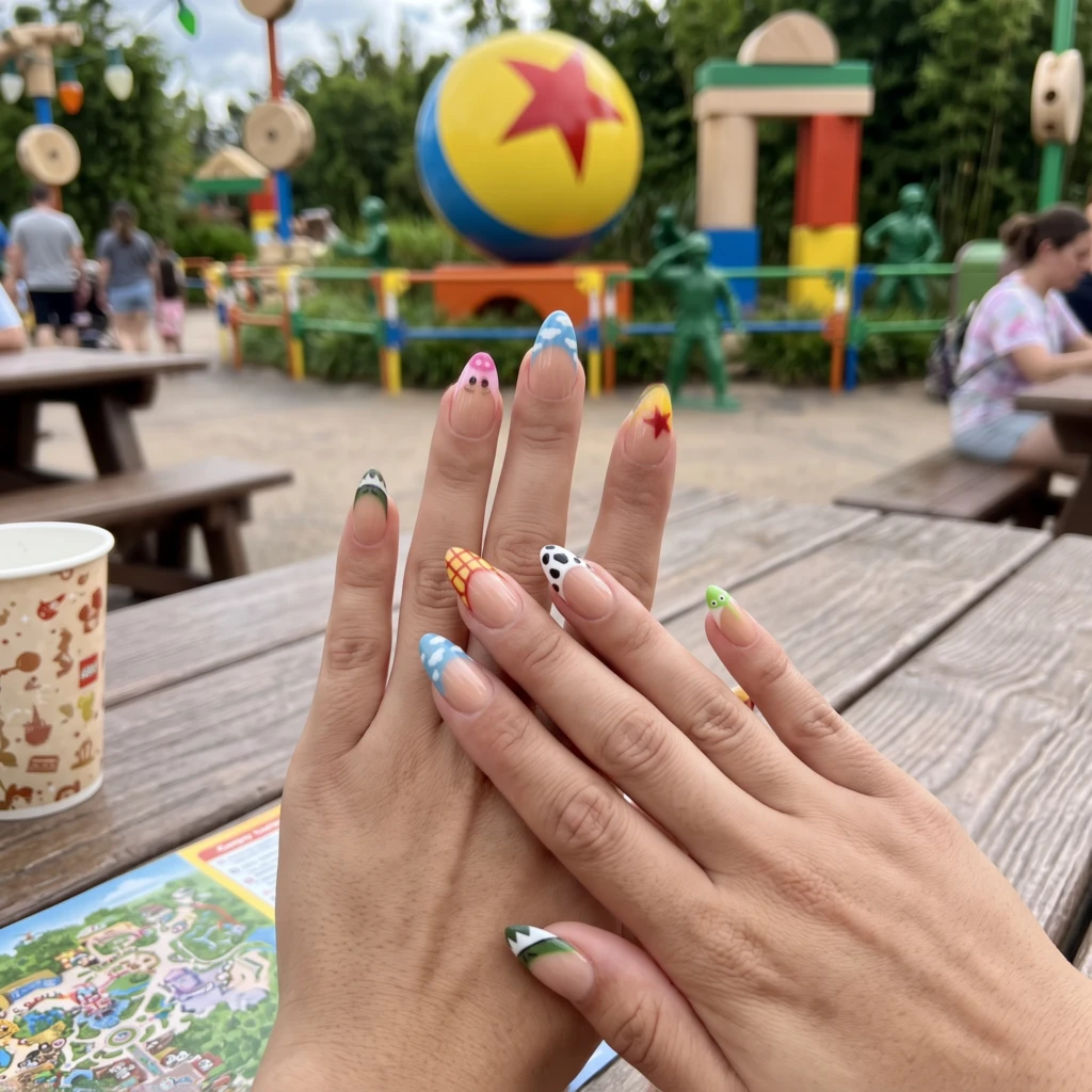 Nude Toy Story Cartoon French Tips, Almond Press On Nails, Theme Park Trip