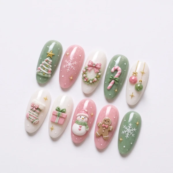 Pastel Pink Green 3D Christmas Art, Almond Press On Nails, Holiday Party Gift