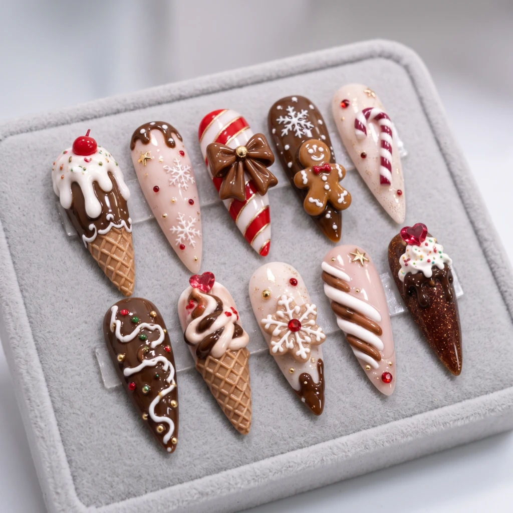 Brown 3D Gingerbread And Candy Cane Desserts, Stiletto Nails, Christmas Gift