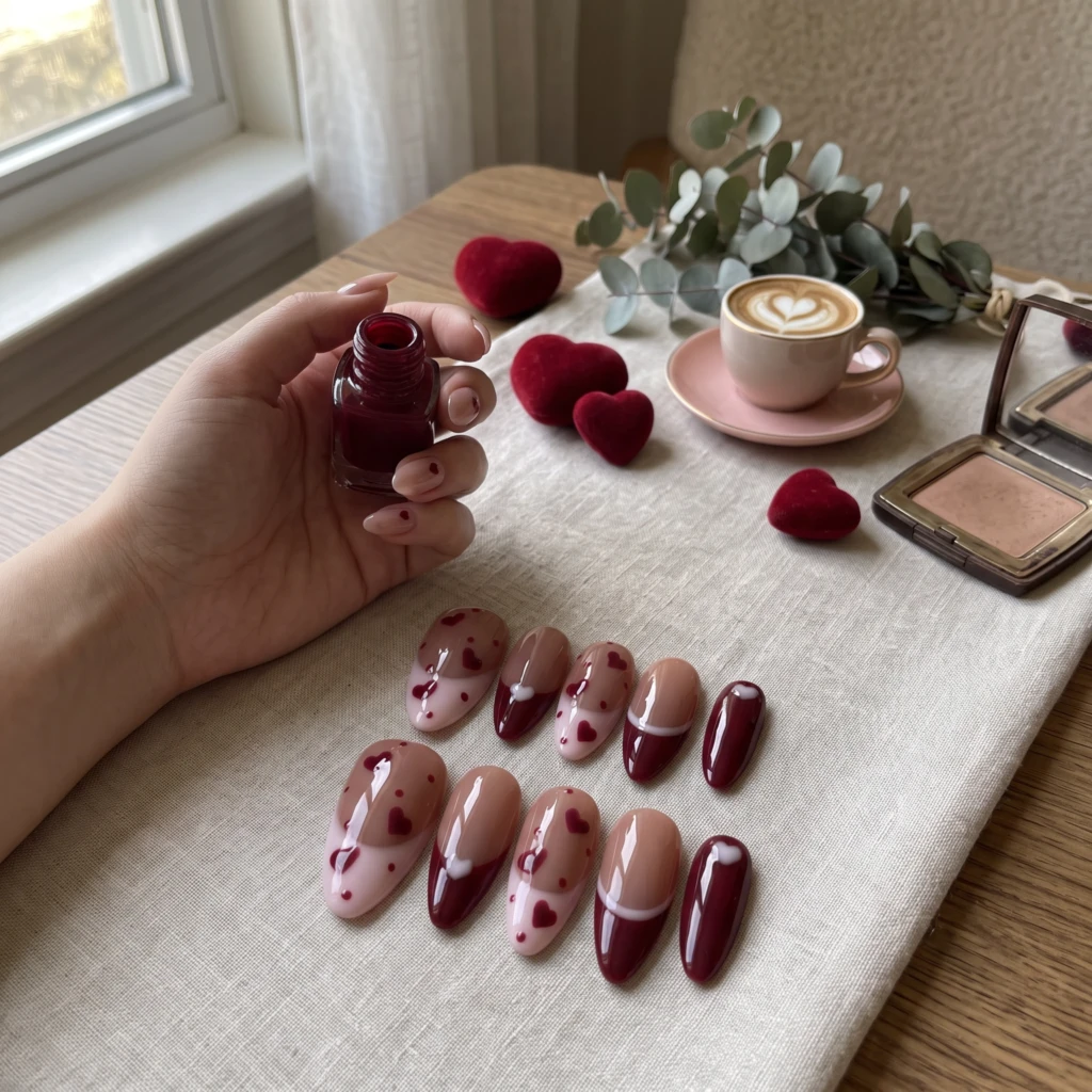 Burgundy And Pink Heart Patterns, Almond Press On Nails, Valentine’s Day