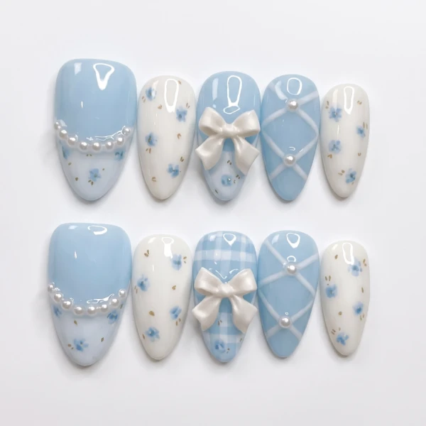 Pastel Blue Bow And Pearl Floral Art, Coquette Press-On Nails, For Daily Wear