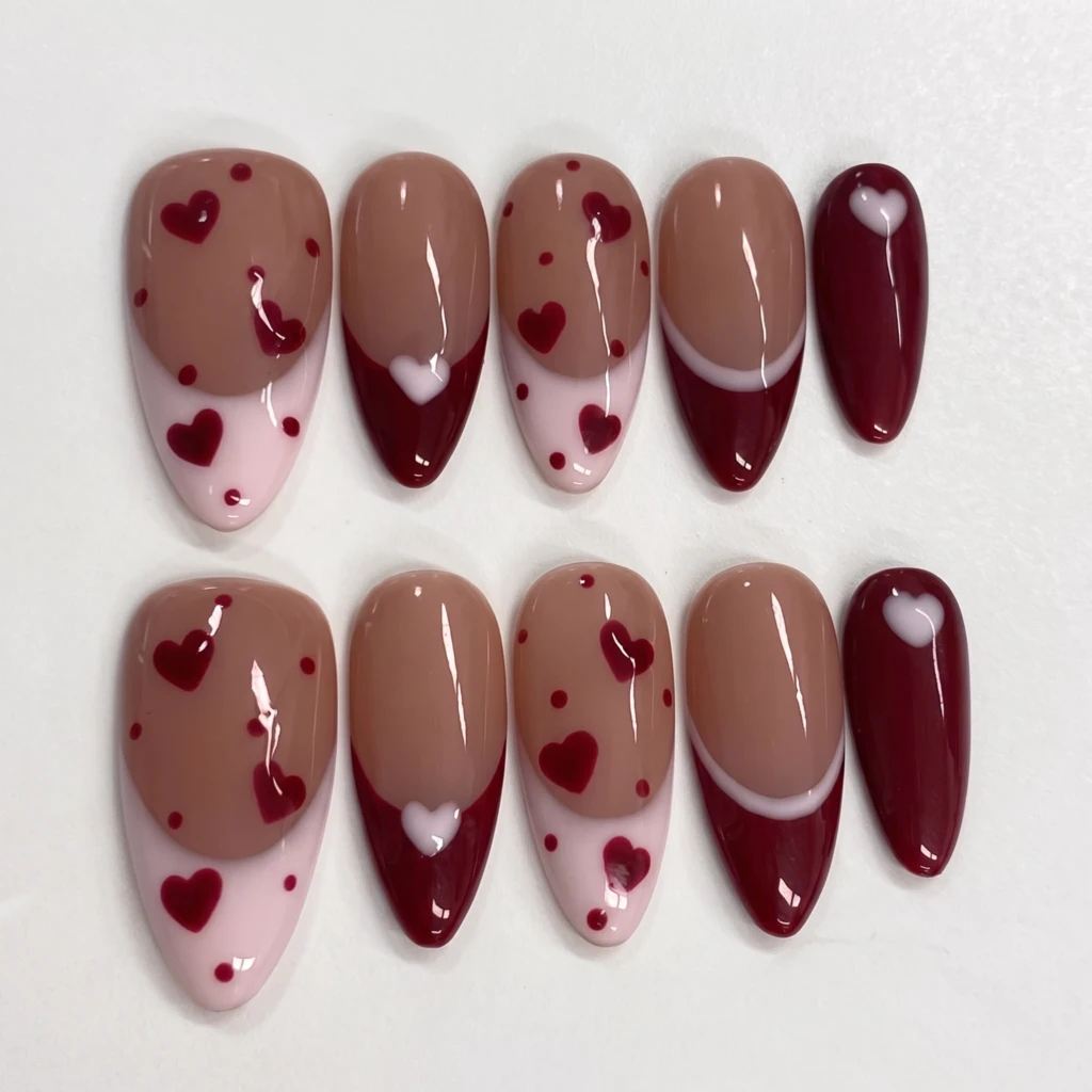 Burgundy And Pink Heart Patterns, Almond Press On Nails, Valentine’s Day