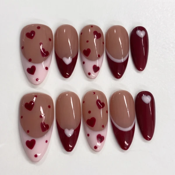 Burgundy And Pink Heart Patterns, Almond Press On Nails, Valentine's Day