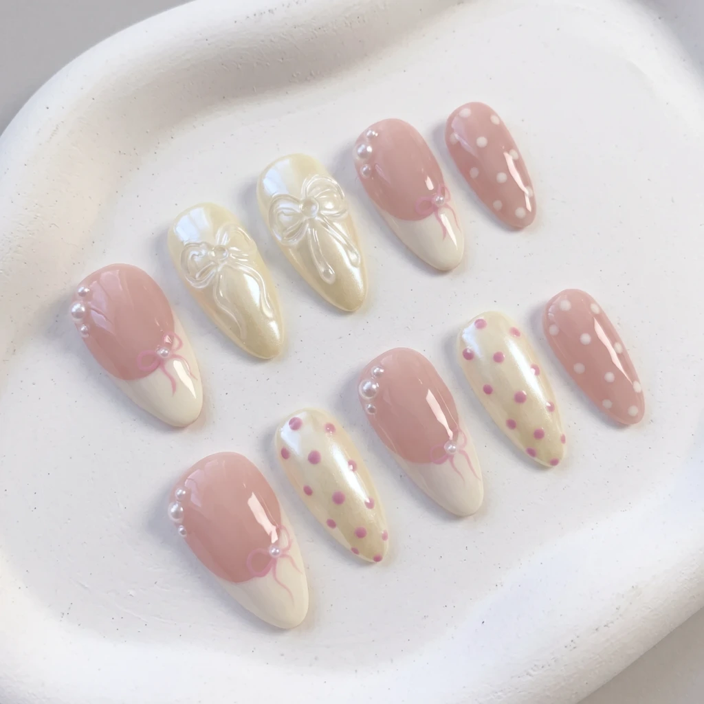 Pink 3D Bow And Polka Dot, Medium Almond Press On Nails, Daily Party Wear