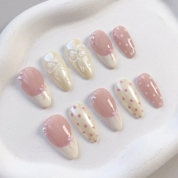 Pink 3D Bow And Polka Dot, Medium Almond Press On Nails, Daily Party Wear