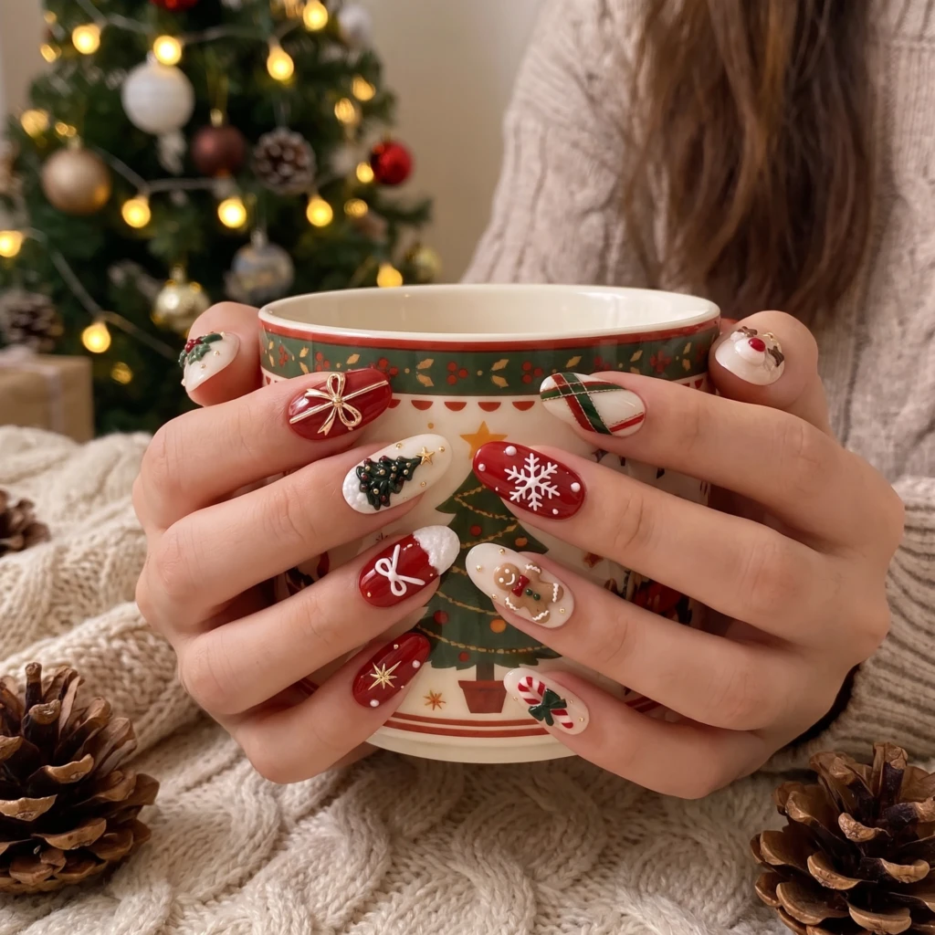 Red And White Christmas Motifs, Press On Nails Set, Winter Holiday Party