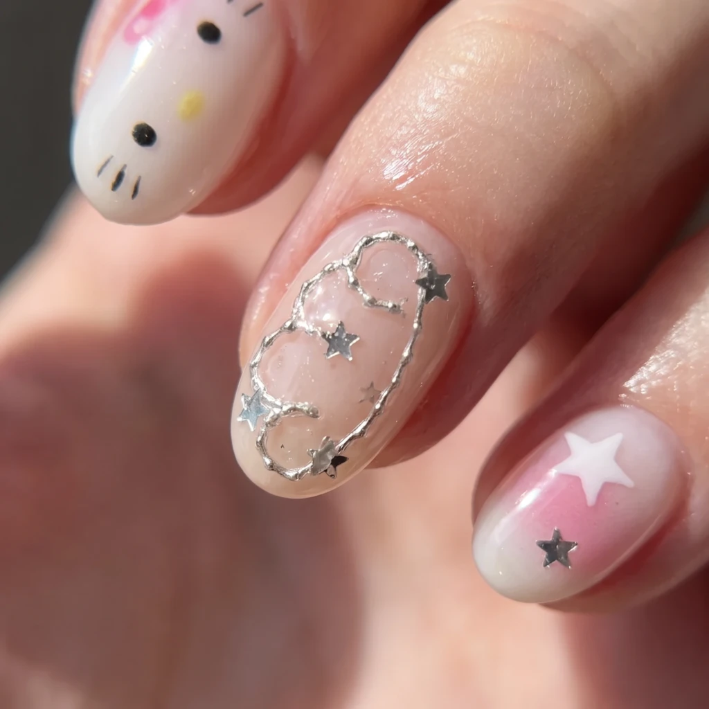 Pink Kitty And Star Art, Handmade Press On Nails, Cute Daily Fashion Wear