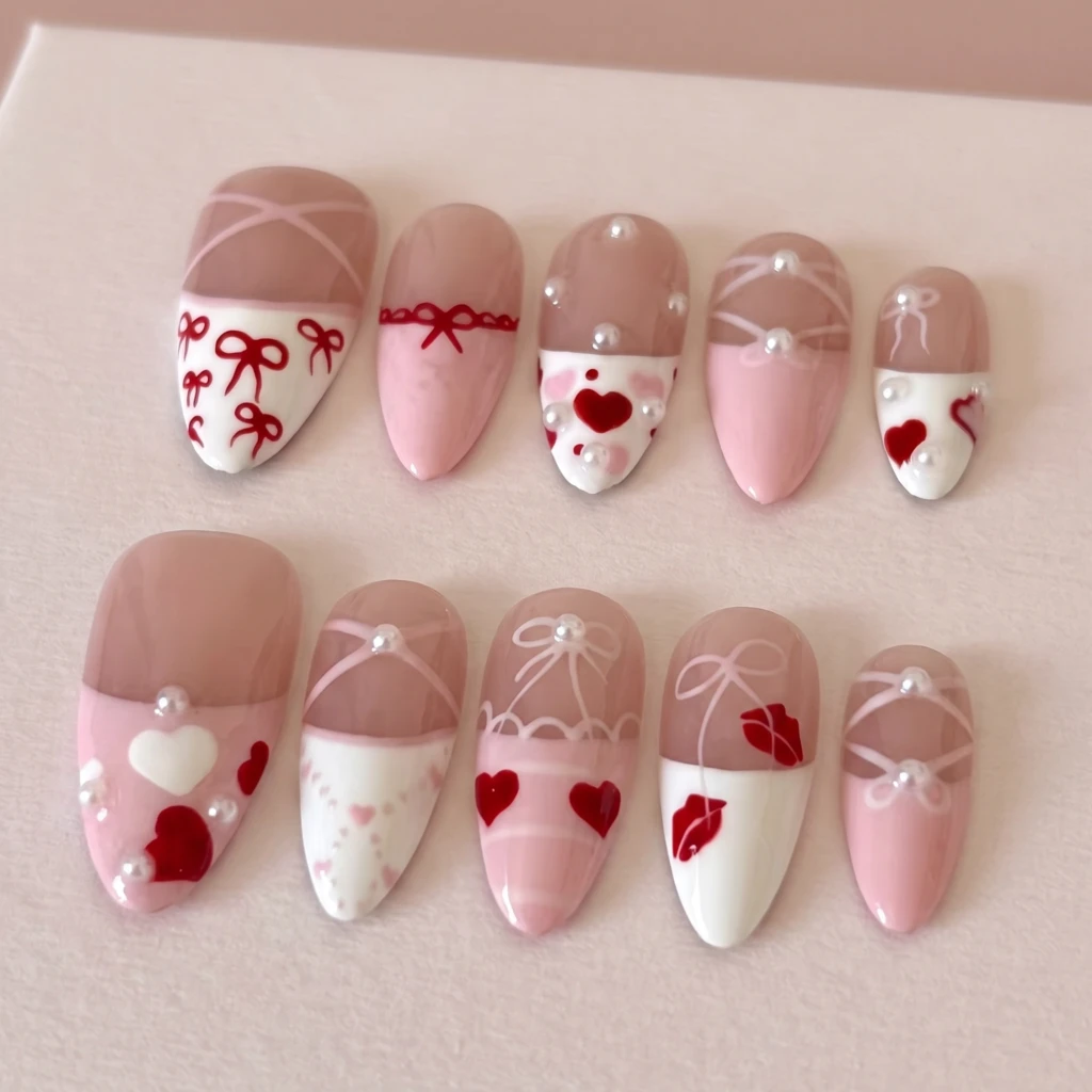 Pink Heart And Ribbon Bow Accent, Almond Press On Nails, Romantic Date Night
