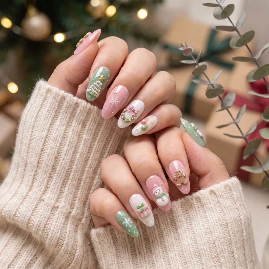 Pastel Pink Green 3D Christmas Art, Almond Press On Nails, Holiday Party Gift