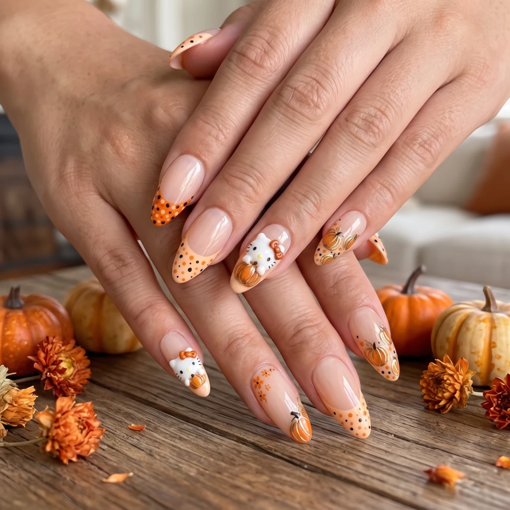 Orange 3D Kitty Pumpkin Accents, Press On Nails, Cute Autumn Daily Wear