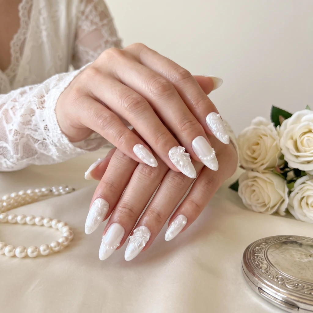 Pearl White 3D Bow And Pearls, Almond Press On Nails, Elegant Bridal Wedding