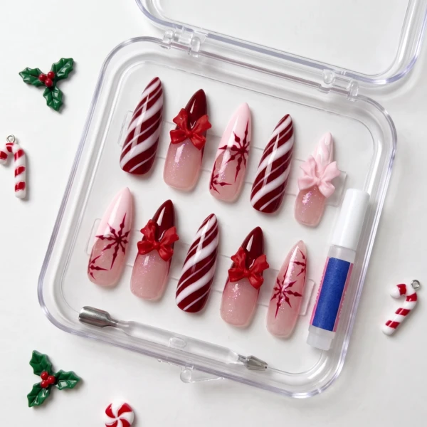 Pink And Red 3D Bow Candy Cane, Almond Press On Nails, Christmas Holiday Gift