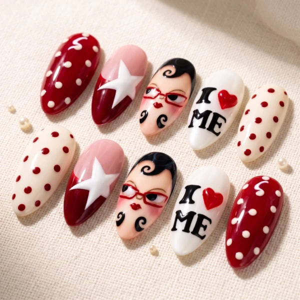 Red And White Retro Graphic Pinup Art, Press On Nails, For Everyday Fashion