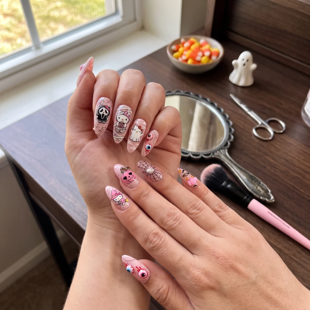 Pastel Pink 3D Hello Kitty Spooky Art, Press On Nails, Halloween Party Wear