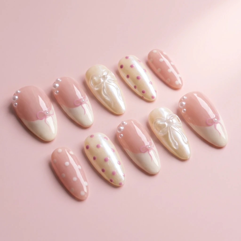 Pink 3D Bow And Polka Dot, Medium Almond Press On Nails, Daily Party Wear