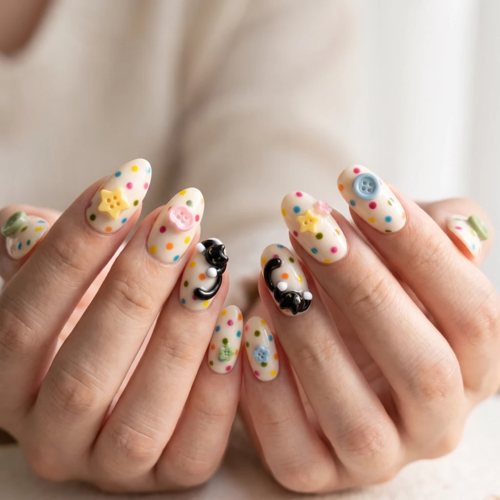 Black Cat Polka Dot Button Design, Y2K Press-On Nails, For Everyday Styling