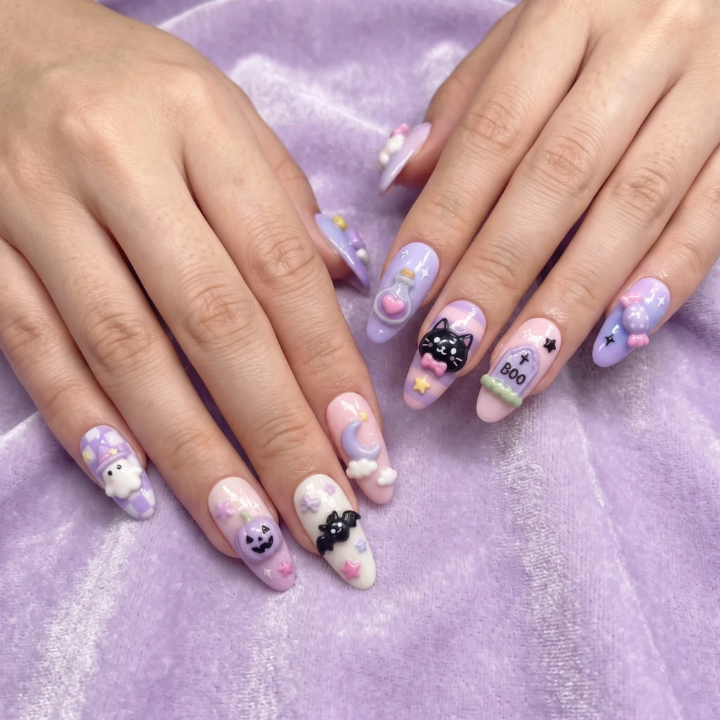 Pastel Purple Ghost Cat Nail Art, Kawaii Press On Nails, Halloween Costume