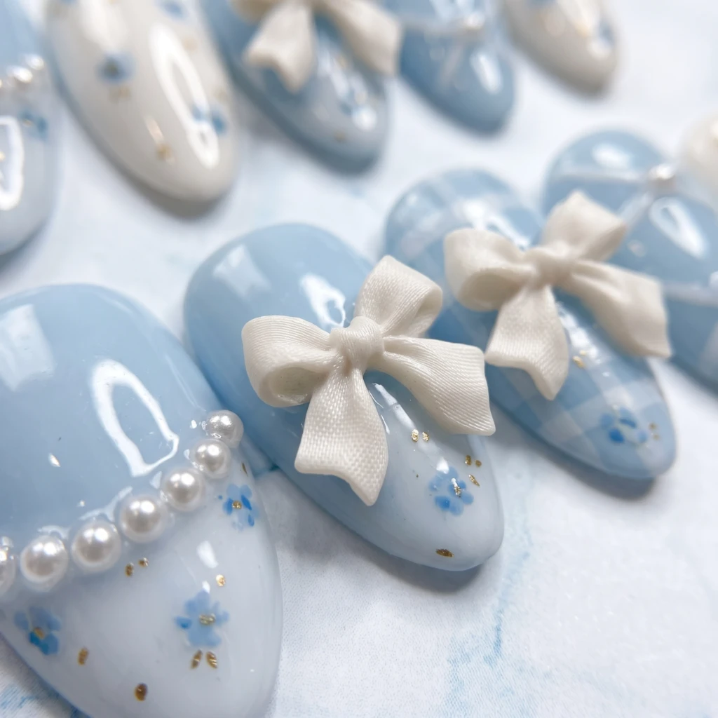 Pastel Blue Bow And Pearl Floral Art, Coquette Press-On Nails, For Daily Wear
