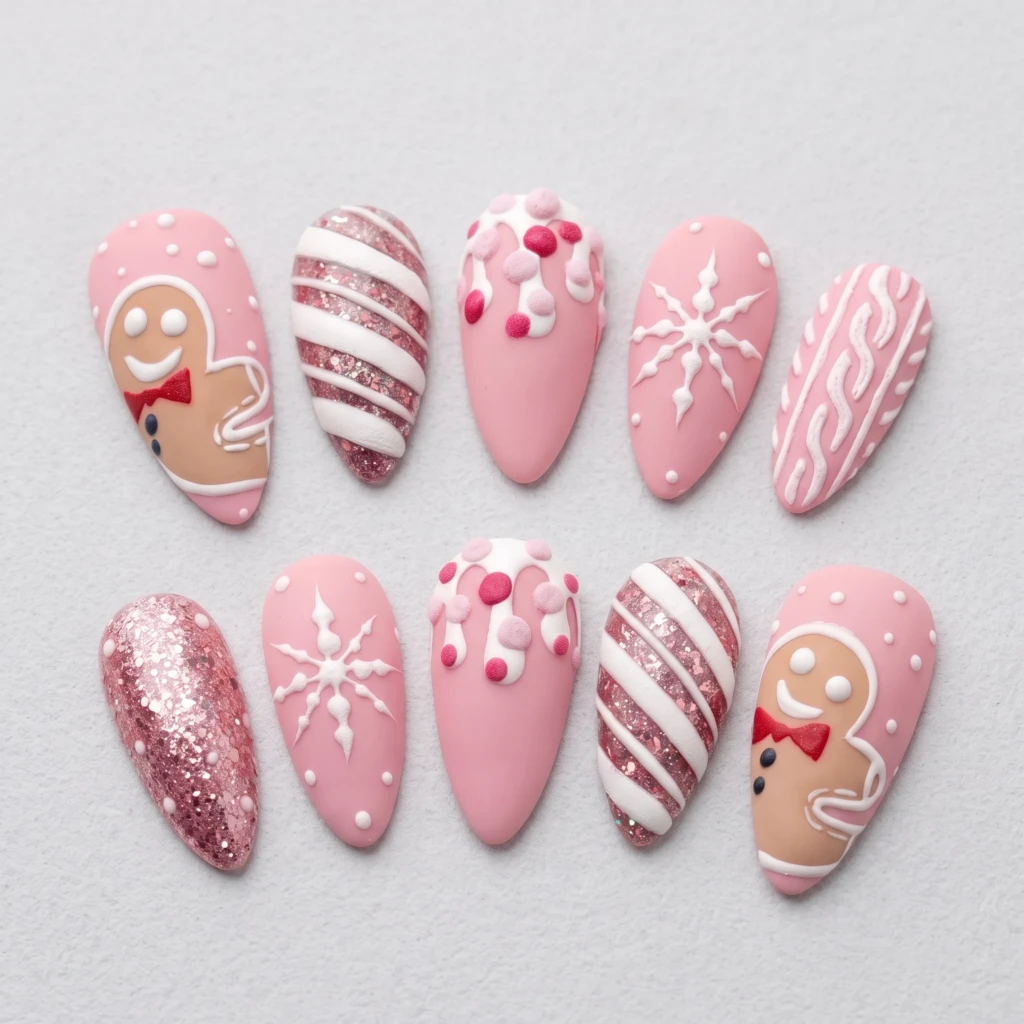 Pink Gingerbread Snowflake Nails, Almond Press On, Christmas Holiday Gift Set