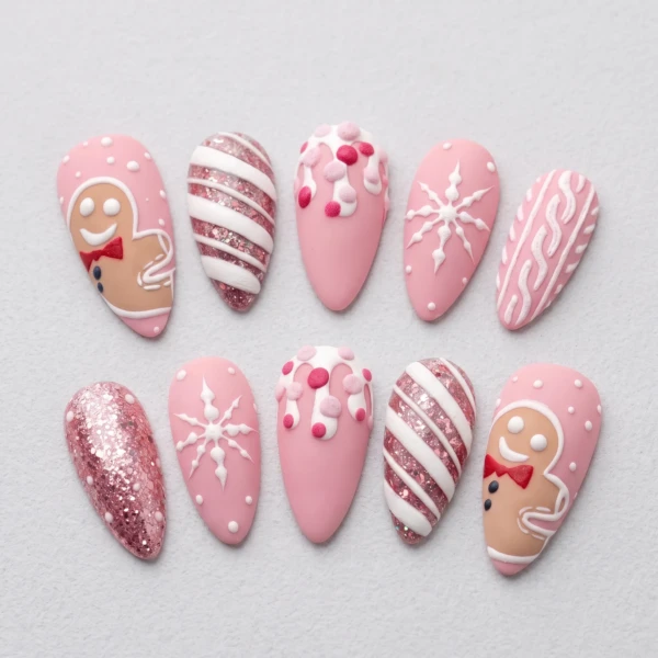 Pink Gingerbread Snowflake Nails, Almond Press On, Christmas Holiday Gift Set