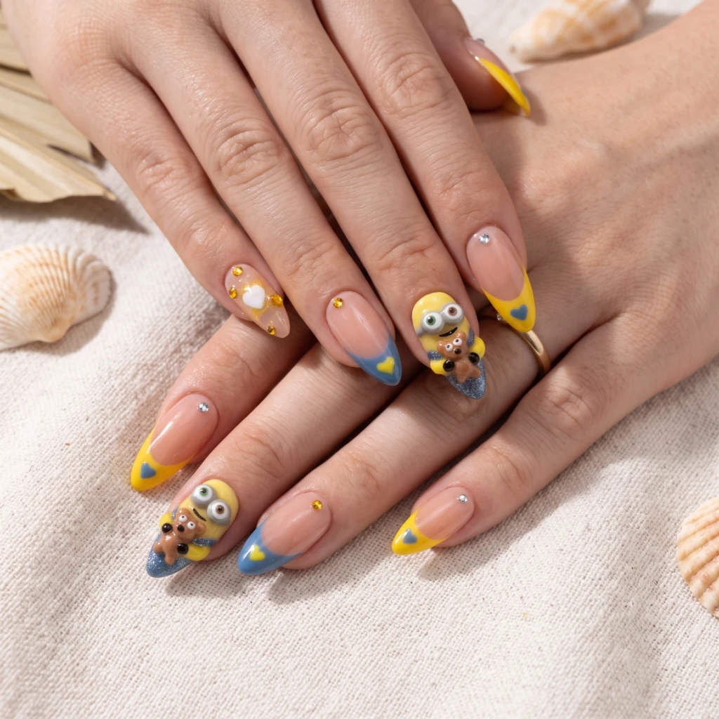 Yellow And Blue 3D Minion Charms, Almond Press On Nails, Summer Holiday Wear