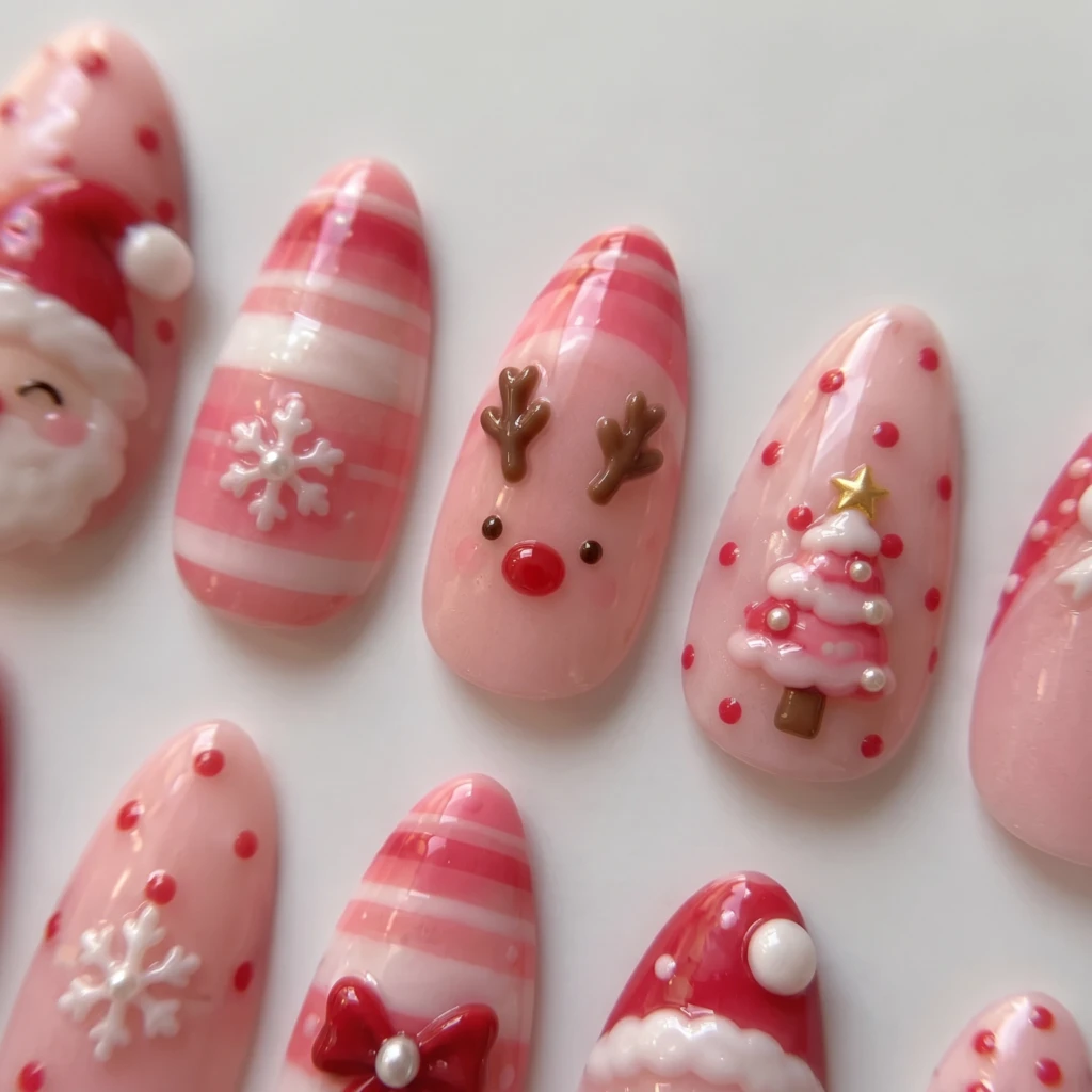 Pink Santa And Reindeer Art, Handmade Press On Nails, Festive Christmas Gift