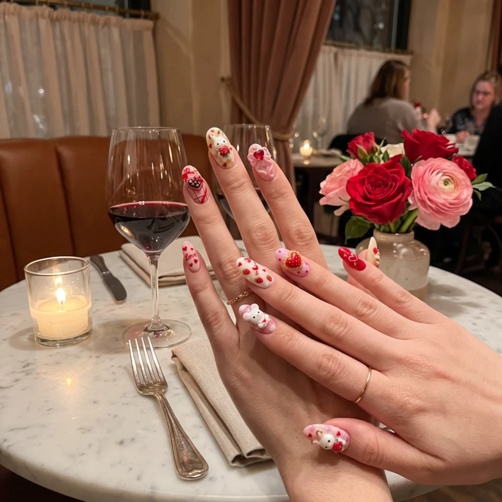 Pink 3D Bunny Chocolate Strawberry, Medium Almond Nails, Valentine Date Night