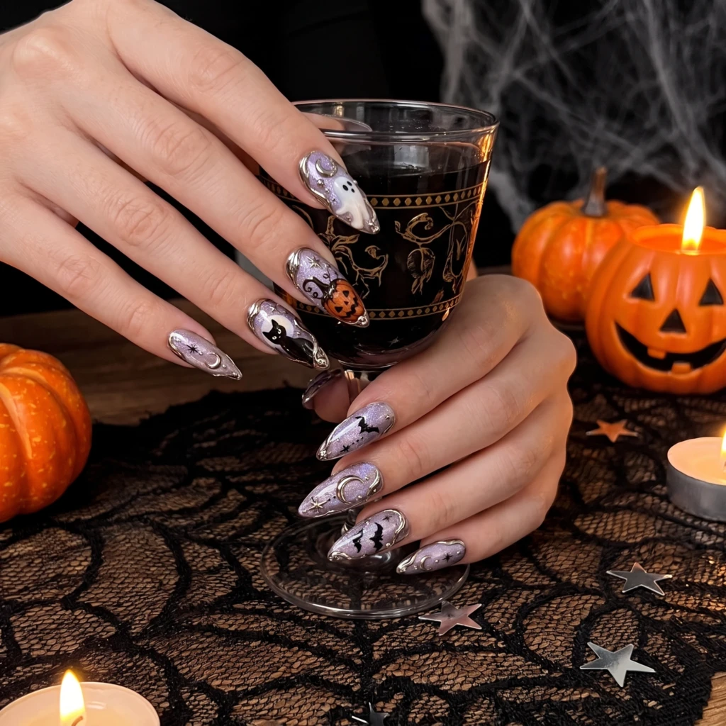Purple Celestial Chrome Ghost Pumpkin, Stiletto Press On Nails, Halloween Party