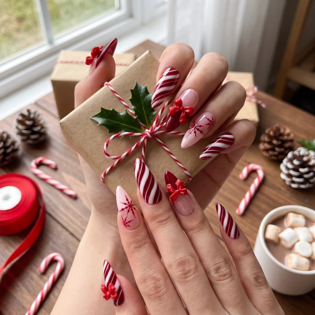 Pink And Red 3D Bow Candy Cane, Almond Press On Nails, Christmas Holiday Gift