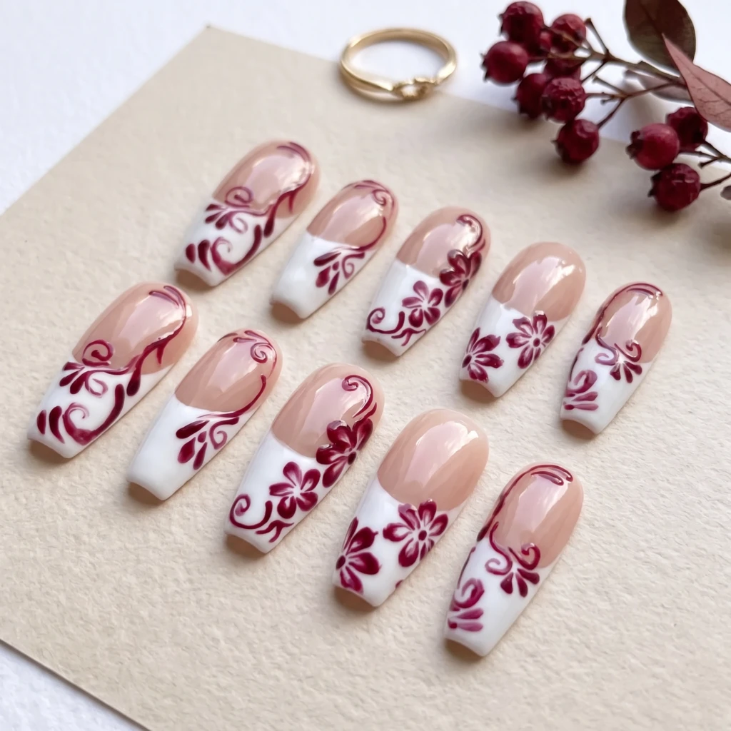 Burgundy Floral French Tips, Handmade Press On Nails, Elegant Date Night
