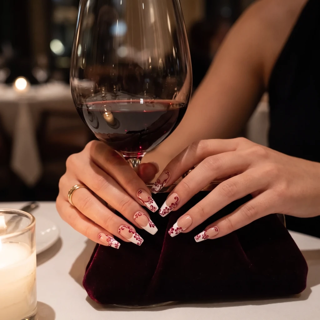 Burgundy Floral French Tips, Handmade Press On Nails, Elegant Date Night