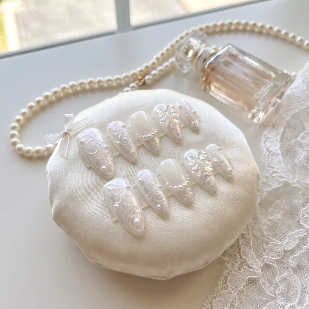 Pearl White 3D Bow And Pearls, Almond Press On Nails, Elegant Bridal Wedding