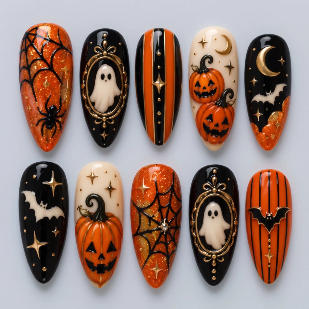 Orange And Black Ghost Pumpkin Art, Press On Nails, Spooky Halloween Party