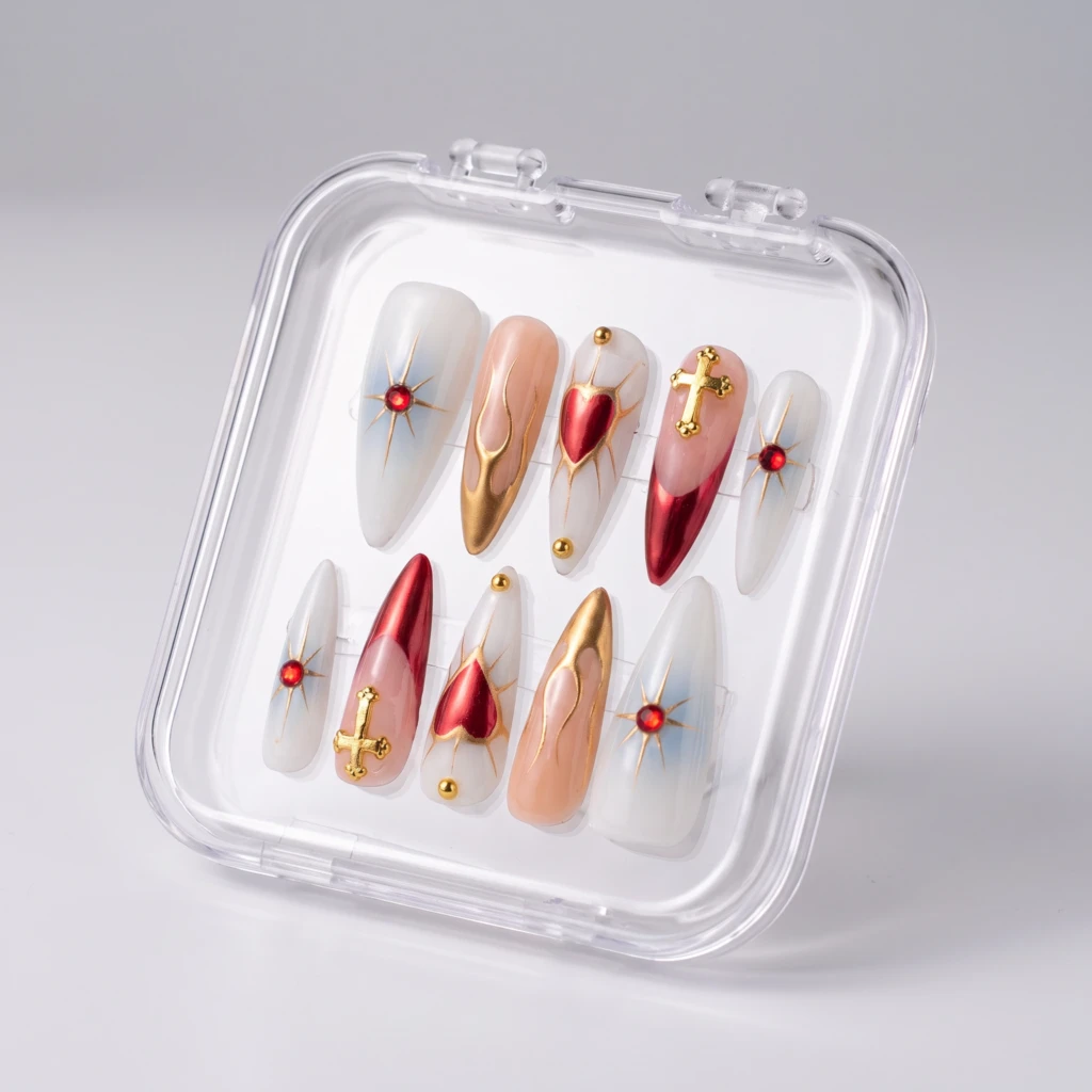 White And Red Flaming Heart, Stiletto Press On Nails, For Party Night Out