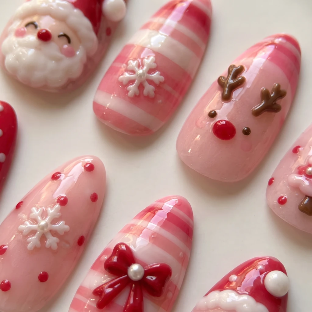 Pink Santa And Reindeer Art, Handmade Press On Nails, Festive Christmas Gift