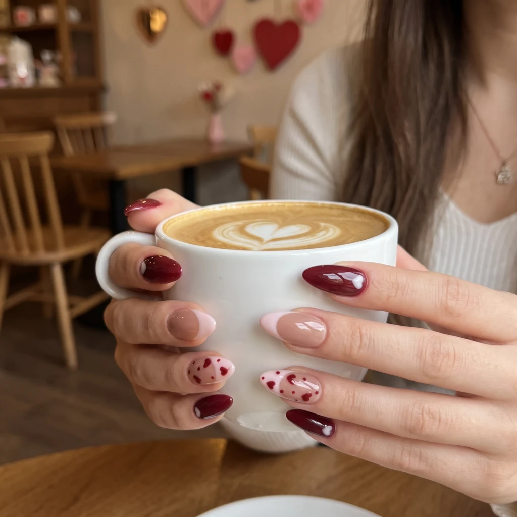 Burgundy And Pink Heart Patterns, Almond Press On Nails, Valentine’s Day